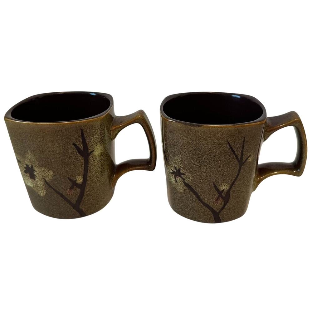SIMPLE DINING-Square Stoneware, coffee Cup/Mugs. Floral Brown/Green 4" set of 2.